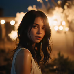 a woman with dark hair and a white shirt looking back