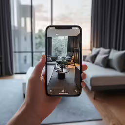 a person holding up a phone taking pictures of a living room
