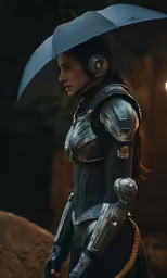 a woman dressed in black with a helmet on and an umbrella