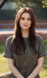 a beautiful woman standing on top of a field