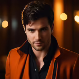 a young man is standing in a dimly lit room