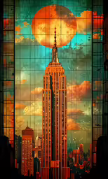 painting depicting a modern city skyline with a flat earth like building in the middle