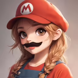 a girl in a red hat and overalls