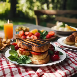 an open faced sandwich sits on a table with pastries and fruit