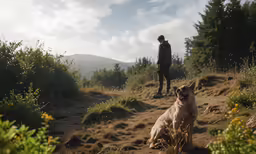 a dog laying on a dirt road in the mountains