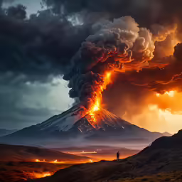 a large volcano spewing up a mountain with fire