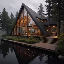 the front of the modern house, which has windows and a walkway that leads up to the water
