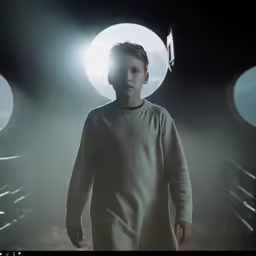 a boy is walking with lights in the background
