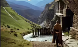 man in the mountains near a river and a bridge