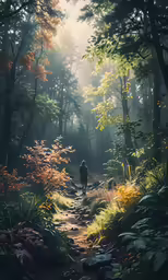 the person is walking through the woods alone
