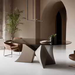 a modern dining room with a curved glass table