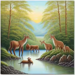 deer in water surrounded by other animals on a land,some deer are relaxing in the middle of the water,a painting of deer and her babies by a lake,this painting is done on a large canvas,an oil painting of deer in the woods and a pond