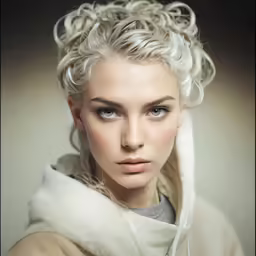 a woman wearing a fur lined jacket has a very messy pixie