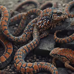 two snakes resting on rocks, with one of the tails curled back