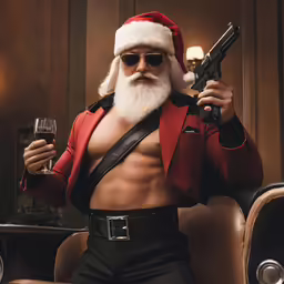 a man in a santa suit is holding a gun