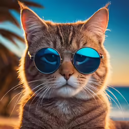 a tabby cat wearing blue tinted glasses on a beach
