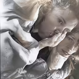 two people are laying down and one is holding his chin against the back