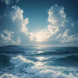 a body of water with clouds above and land on the horizon