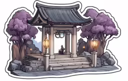 the little girl is sitting inside of the pagoda