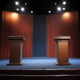 two podiums in front of curtains on a stage