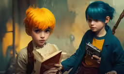 two children with colored hair and wearing red pants