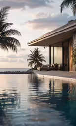 the view of an outdoor swimming pool with palm trees