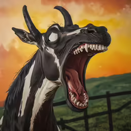 a large black and white horse with its mouth wide open