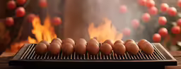 six eggs are arranged in rows on a charcoal grill, near an open flame