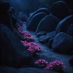 a few purple flowers growing by the rocks