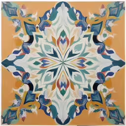 a painting of an orange, blue and green pattern,a colorful piece of art that has a lot of colors