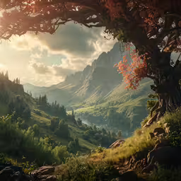 a painting of a scenic area with mountains and trees
