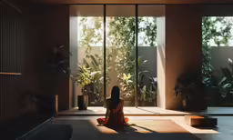 a woman sits on the floor in front of large windows