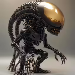 an alien is sitting next to a silver and gold helmet