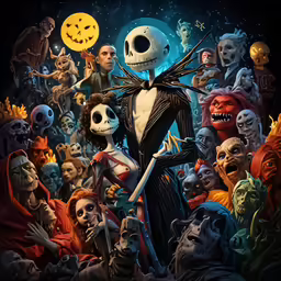 a cartoon style halloween scene with jack skelling