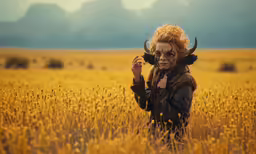 a female performer dressed as bull woman standing in a field