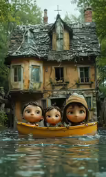 three dolls are floating in the river on the bottom of a boat