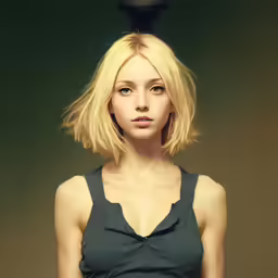 a beautiful young blond girl posing in front of a black object