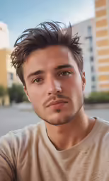 a young man posing for a photo near an apartment building