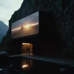 people looking at a huge screen with a mountain in the background