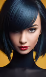 a girl with short black hair and a red lipstick