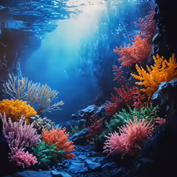 a group of fish swimming along a colorful sea wall