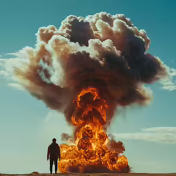 a man standing in front of a large explosion