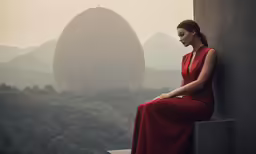 a woman in a long red dress looking out over the landscape