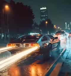 an old time muscle car with the lights on on a street