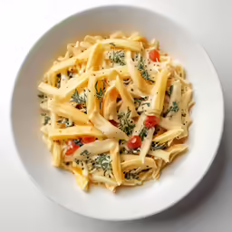 the bowl of macaroni is sitting on a white table