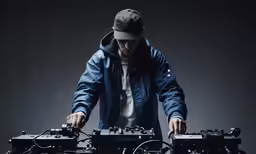 a man in a hoodie djs his equipment