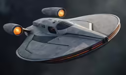 a grey vehicle flying through the sky with a yellow light