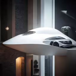 an futuristic car is parked inside of a building