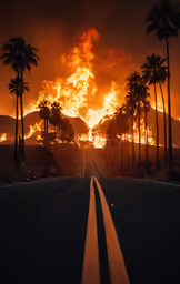 a fire on the side of a road near palm trees