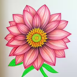 pink and yellow flower drawing on white paper,there is a drawing of a flower on a white background
